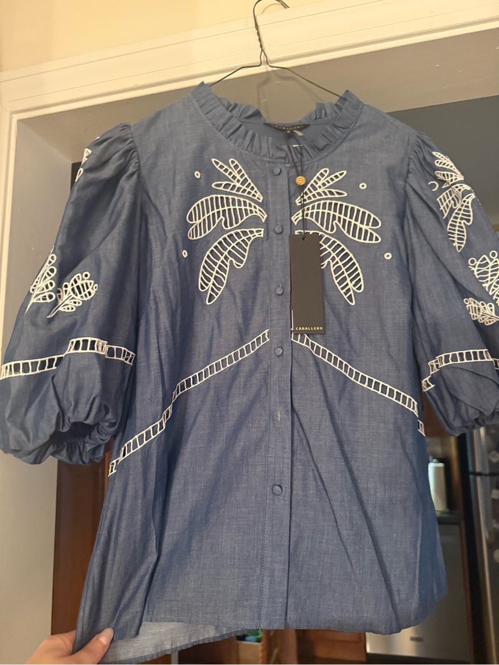 Beautiful Caballero Vera Top in Palm Chambray, size Medium. New with tags